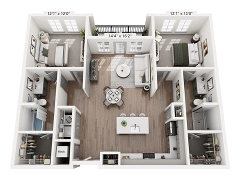Floor plan for 2 beds, 2 baths, 1219 sqft